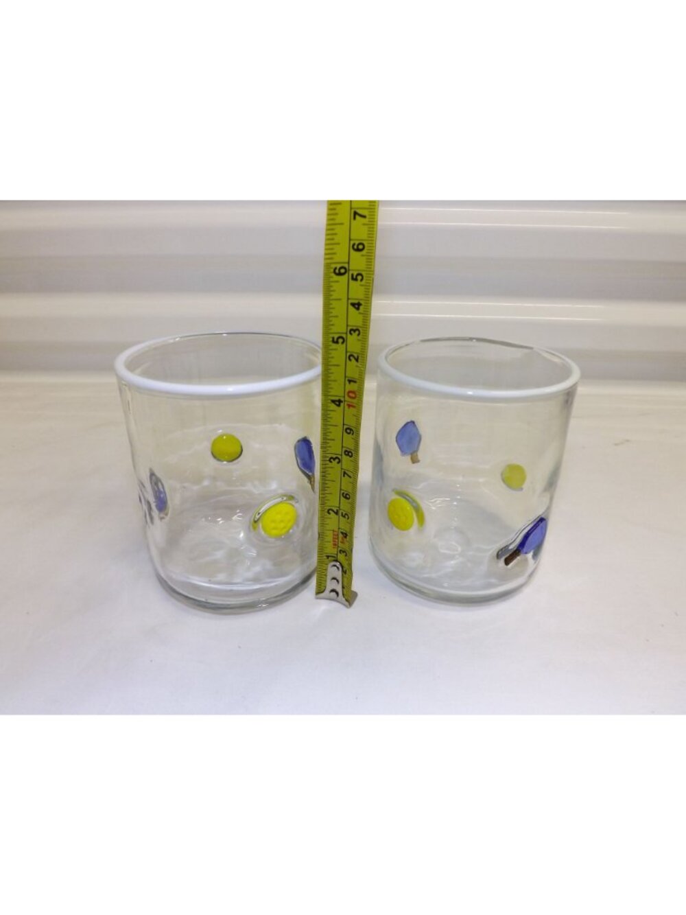 Anthropologie Pickleball Icon Juice 2 Glasses Handmade Glass Raised Paddle Ball - Picture 3 of 9